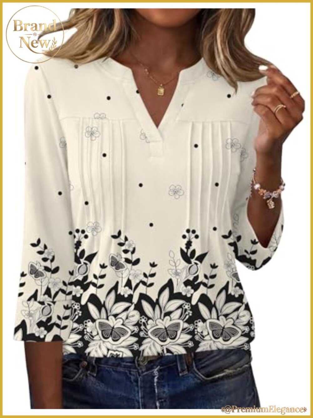 Women's 3/4 Sleeve V-Neck Blouses Pleated Dressy Casual Tops